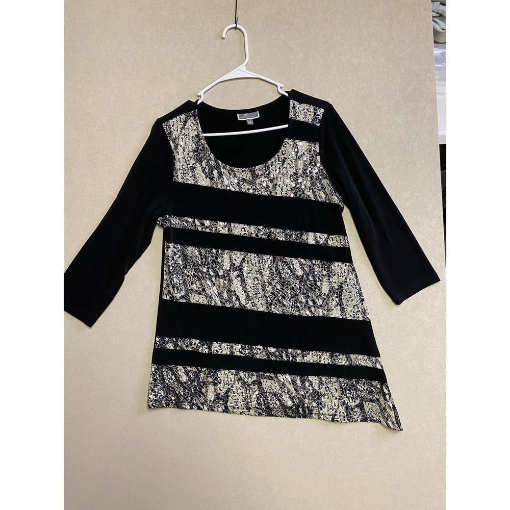 JM Collection Womens Black Snakeskin Sequin Asymmetrical Top M 3/4 Sleeve